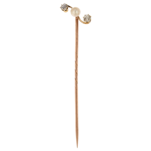 1209 - An Edwardian three stone pearl and diamond stickpin, claw set with old European-cut diamonds, total ... 