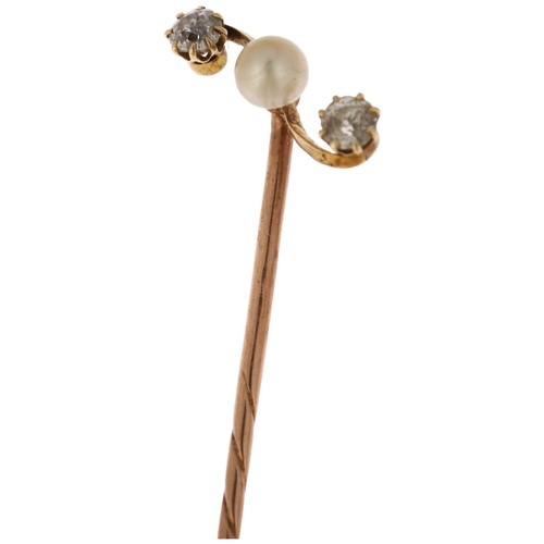 1209 - An Edwardian three stone pearl and diamond stickpin, claw set with old European-cut diamonds, total ... 