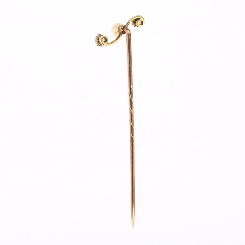 1209 - An Edwardian three stone pearl and diamond stickpin, claw set with old European-cut diamonds, total ... 