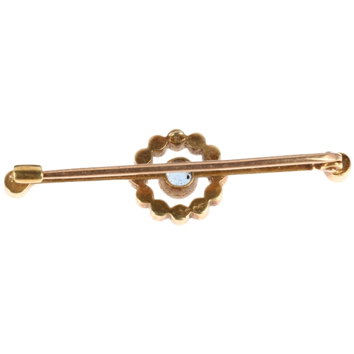 1210 - An Edwardian 15ct gold blue topaz and pearl target bar brooch, 38mm, 2.5g