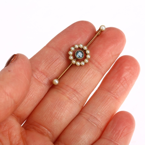 1210 - An Edwardian 15ct gold blue topaz and pearl target bar brooch, 38mm, 2.5g