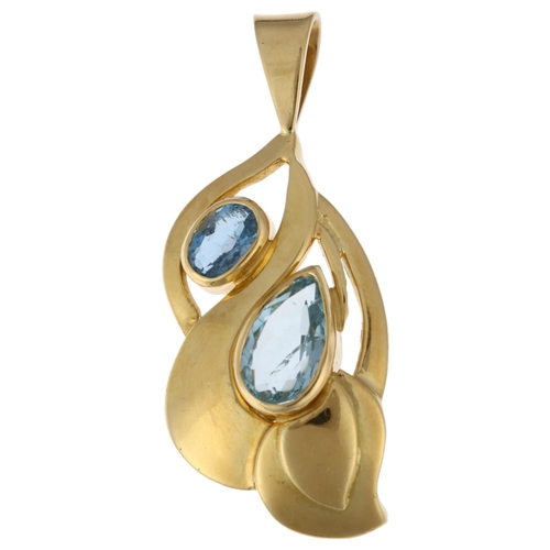 1211 - A modern 18ct gold blue topaz floral pendant, rub-over set with pear and oval-cut topaz, 42.6mm, 9.3... 