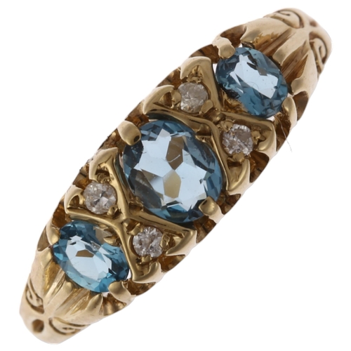 1212 - A 9ct gold blue seven stone blue topaz and diamond half hoop ring, setting height 6.4mm, size O, 2g