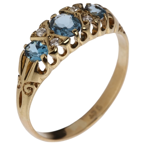 1212 - A 9ct gold blue seven stone blue topaz and diamond half hoop ring, setting height 6.4mm, size O, 2g