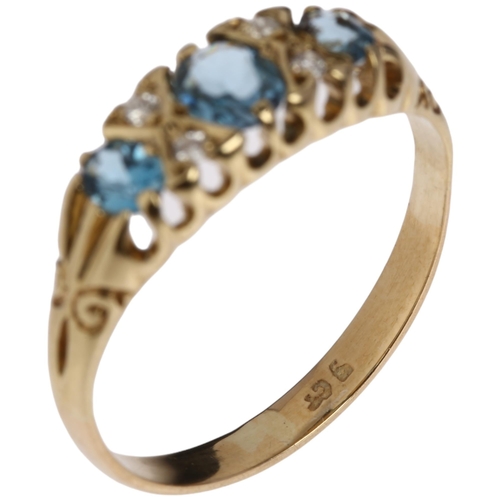 1212 - A 9ct gold blue seven stone blue topaz and diamond half hoop ring, setting height 6.4mm, size O, 2g