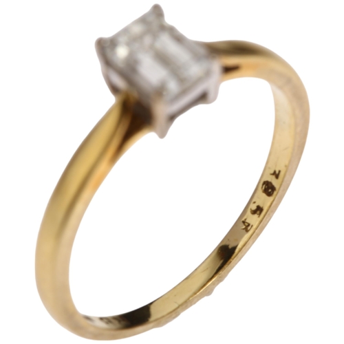 1213 - An 18ct gold 0.7ct solitaire diamond ring, maker RB, London 1999, claw set with emerald-cut diamond,... 