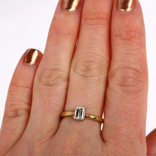 1213 - An 18ct gold 0.7ct solitaire diamond ring, maker RB, London 1999, claw set with emerald-cut diamond,... 