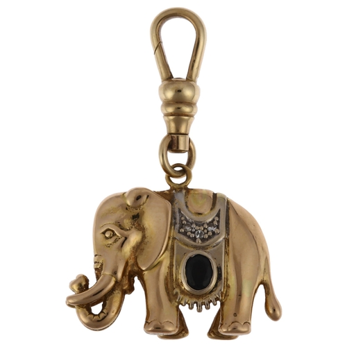 1216 - A French 9ct gold sapphire and diamond figural elephant pendant, modelled double-sided with rub-over... 