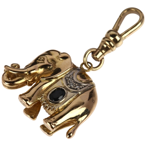 1216 - A French 9ct gold sapphire and diamond figural elephant pendant, modelled double-sided with rub-over... 