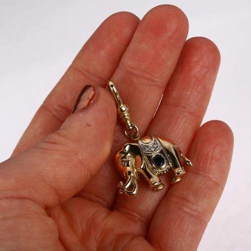 1216 - A French 9ct gold sapphire and diamond figural elephant pendant, modelled double-sided with rub-over... 