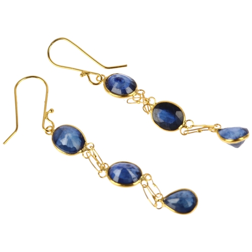 1217 - A pair of 14ct gold sapphire drop earrings, rub-over set with oval mixed-cut sapphires and shepherd ... 