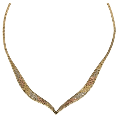 1219 - A late 20th century 9ct three-colour gold collar necklace, maker CG, import Sheffield 1983, 40cm, 14... 