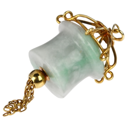 1221 - A Chinese 14ct gold jade birdcage drop pendant, 45.9mm, 11.7g