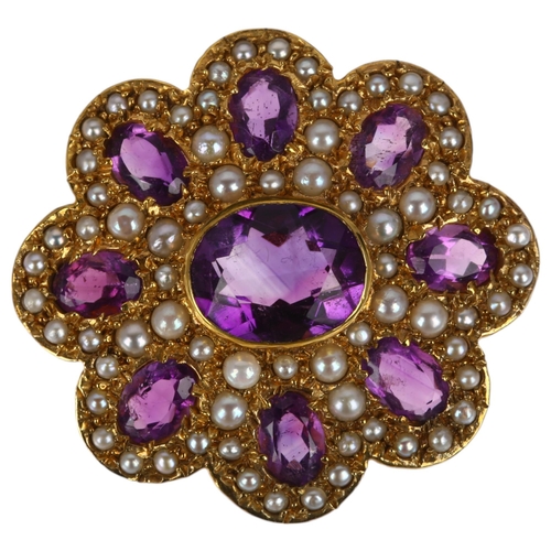 1228 - A late 20th century 9ct gold amethyst and pearl cluster flowerhead brooch, maker HB, London 1972, in... 