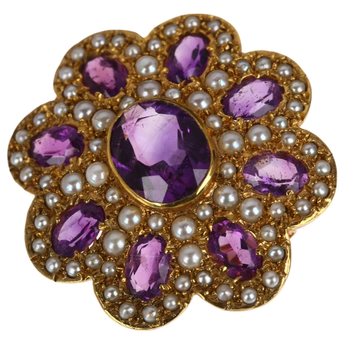 1228 - A late 20th century 9ct gold amethyst and pearl cluster flowerhead brooch, maker HB, London 1972, in... 