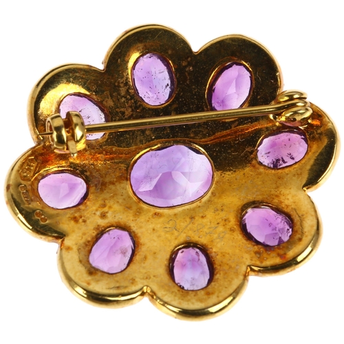 1228 - A late 20th century 9ct gold amethyst and pearl cluster flowerhead brooch, maker HB, London 1972, in... 