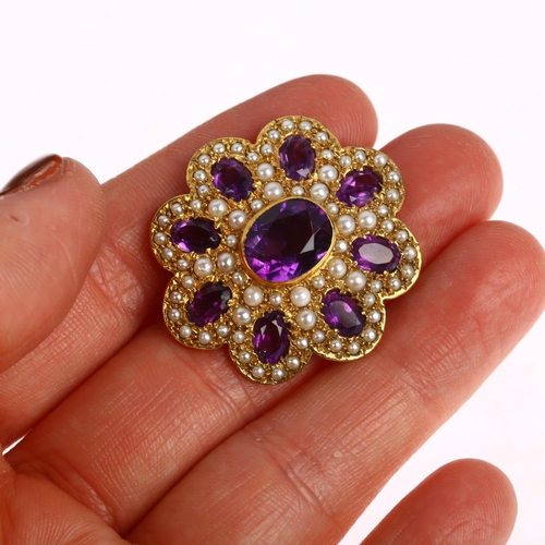 1228 - A late 20th century 9ct gold amethyst and pearl cluster flowerhead brooch, maker HB, London 1972, in... 