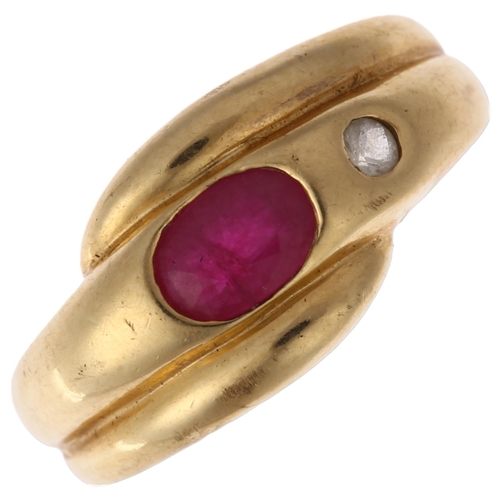 1229 - A 14ct gold ruby and white sapphire crossover ring, maker WHS, rub-over set with oval mixed-cut ruby... 