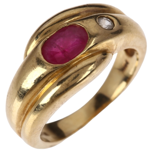 1229 - A 14ct gold ruby and white sapphire crossover ring, maker WHS, rub-over set with oval mixed-cut ruby... 