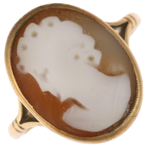 1235 - A mid-20th century 9ct gold shell cameo ring, relief carved depicting female profile, setting height... 