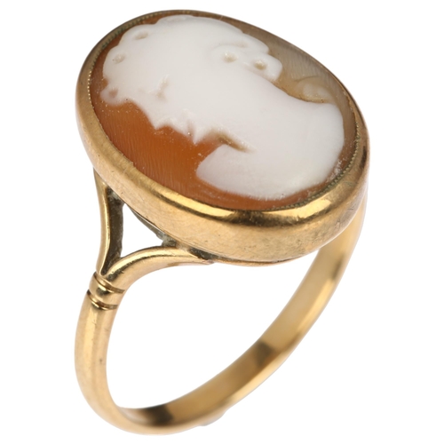 1235 - A mid-20th century 9ct gold shell cameo ring, relief carved depicting female profile, setting height... 