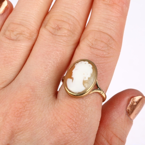 1235 - A mid-20th century 9ct gold shell cameo ring, relief carved depicting female profile, setting height... 