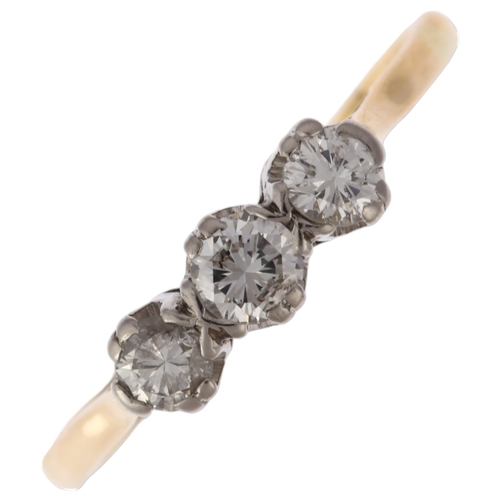 1240 - A mid-20th century 18ct gold three stone diamond ring, claw set with modern round brilliant-cut diam... 