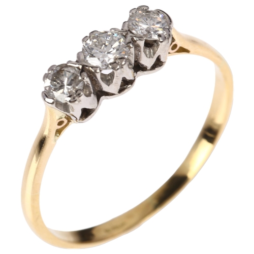 1240 - A mid-20th century 18ct gold three stone diamond ring, claw set with modern round brilliant-cut diam... 