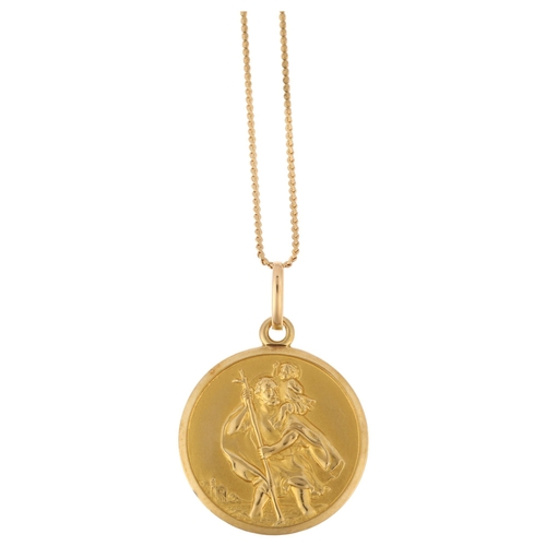 1241 - An Italian 18ct gold St Christopher pendant necklace, on 18ct fine link chain, pendant diameter 20.2... 