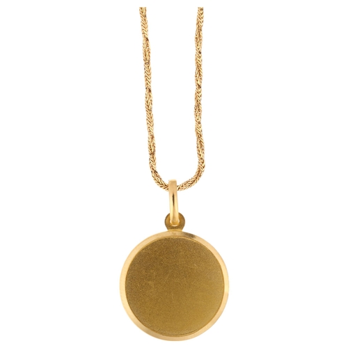 1242 - An Italian 18ct gold disc pendant necklace, on 18ct twisted foxtail link chain, pendant diameter 22m... 