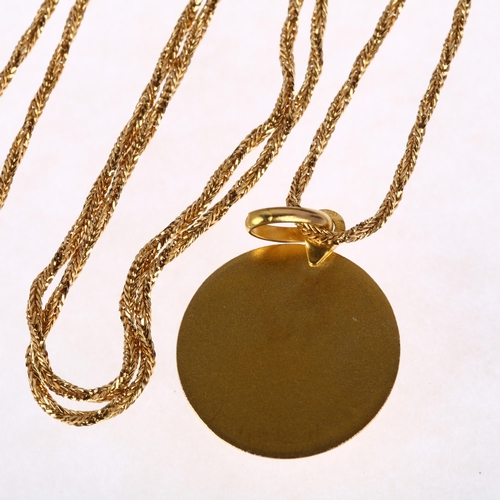 1242 - An Italian 18ct gold disc pendant necklace, on 18ct twisted foxtail link chain, pendant diameter 22m... 