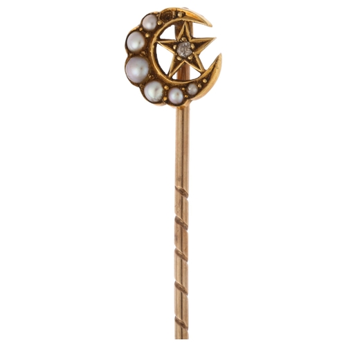 1246 - A 19th century 18ct gold split pearl and diamond crescent moon and star stickpin, maker SS, head 9.6... 