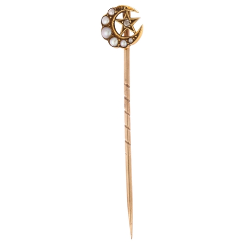 1246 - A 19th century 18ct gold split pearl and diamond crescent moon and star stickpin, maker SS, head 9.6... 