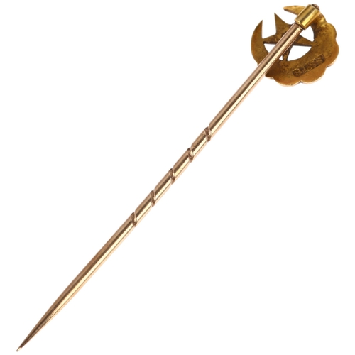 1246 - A 19th century 18ct gold split pearl and diamond crescent moon and star stickpin, maker SS, head 9.6... 