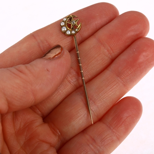 1246 - A 19th century 18ct gold split pearl and diamond crescent moon and star stickpin, maker SS, head 9.6... 