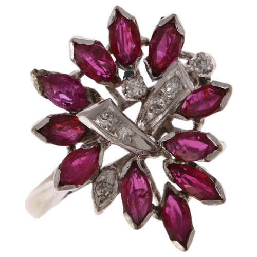 1247 - An 18ct white gold ruby and diamond cocktail ring, set with marquise-cut rubies and single-cut diamo... 