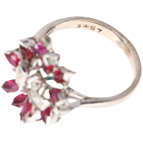 1247 - An 18ct white gold ruby and diamond cocktail ring, set with marquise-cut rubies and single-cut diamo... 