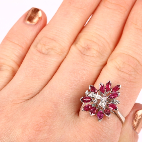 1247 - An 18ct white gold ruby and diamond cocktail ring, set with marquise-cut rubies and single-cut diamo... 