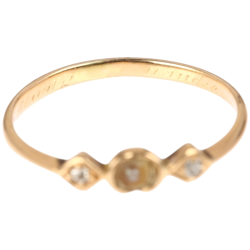 1249 - An Antique three stone pearl and diamond ring, apparently unmarked, setting height 3.4mm, size J, 0.... 