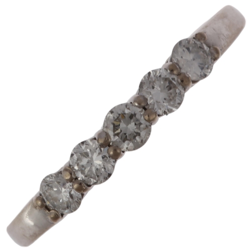 1253 - A modern 18ct white gold five stone diamond quarter eternity ring, claw set with modern round brilli... 