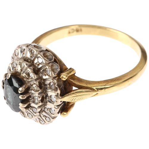 1260 - A late 20th century 18ct gold sapphire and diamond oval cluster ring, claw set with oval mixed-cut s... 