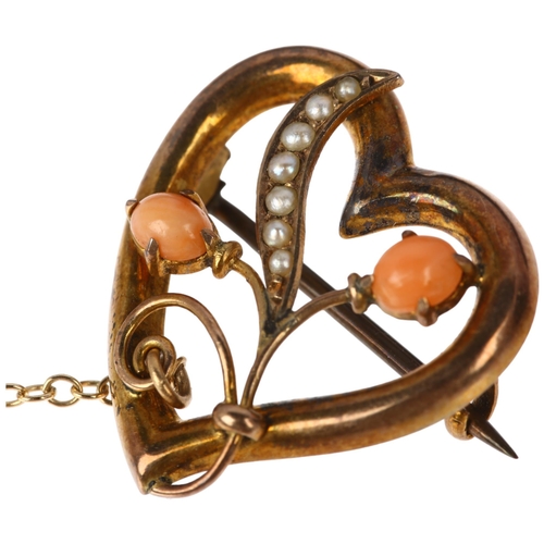 1261 - An Edwardian 9ct gold coral and pearl openwork heart brooch, maker H&N, circa 1905, 22.3mm, 2g