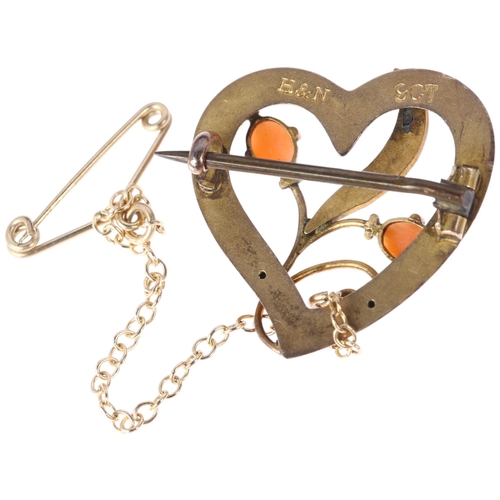 1261 - An Edwardian 9ct gold coral and pearl openwork heart brooch, maker H&N, circa 1905, 22.3mm, 2g