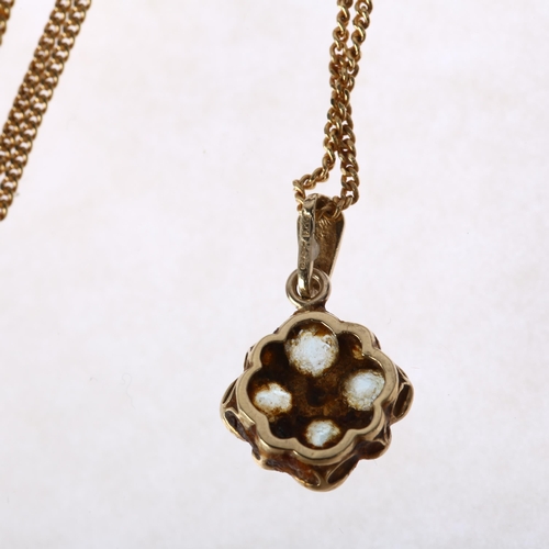 1262 - A 9ct gold gem set flowerhead pendant necklace, on 9ct fine curb link chain, pendant 21.8mm, chain 4... 