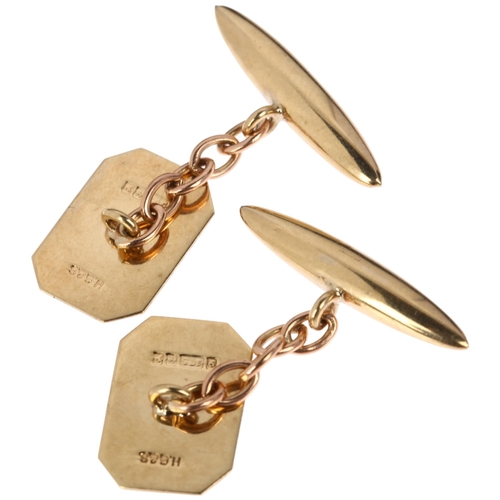 1270 - A pair of mid-20th century 9ct gold cufflinks, maker HG&S, Birmingham 1964, canted rectangular panel... 