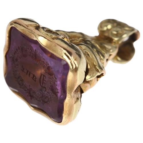 1277 - A 19th century amethyst 'Jane' seal fob, intaglio carved with name within laurel wreath, unmarked ye... 