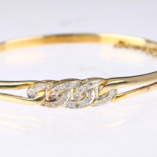 1287 - A late 20th century 9ct gold diamond curb link hinged bangle, import London 1987, setting height 7.4... 