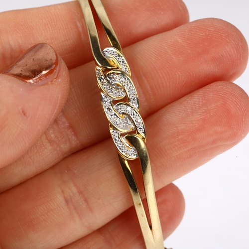 1287 - A late 20th century 9ct gold diamond curb link hinged bangle, import London 1987, setting height 7.4... 