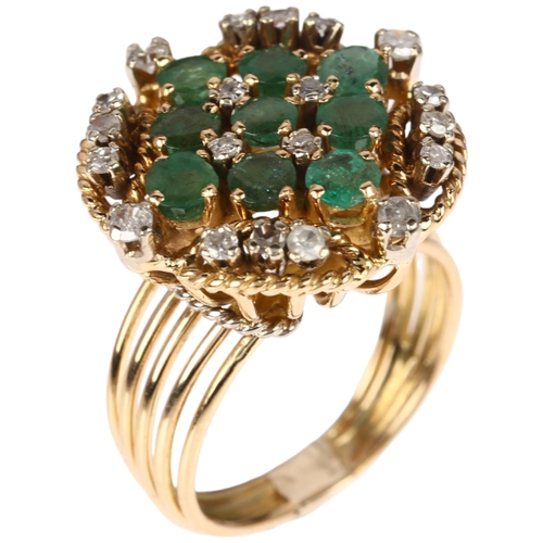 1290 - A Continental emerald and diamond cluster compass cocktail ring, claw set with round-cut emeralds, s... 