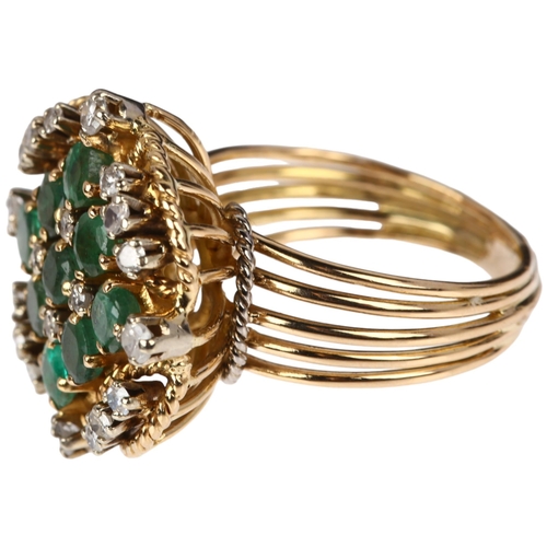 1290 - A Continental emerald and diamond cluster compass cocktail ring, claw set with round-cut emeralds, s... 